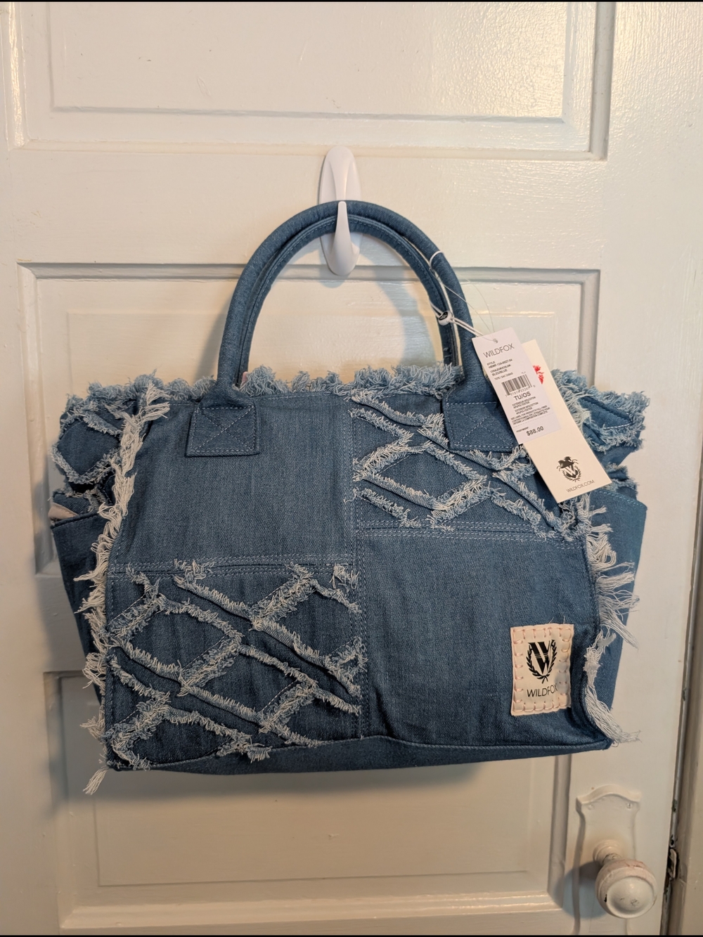 Bohemian Chic Frayed Denim Patchwork Blue Everyday Tote Bag Purse Wildfox NWT